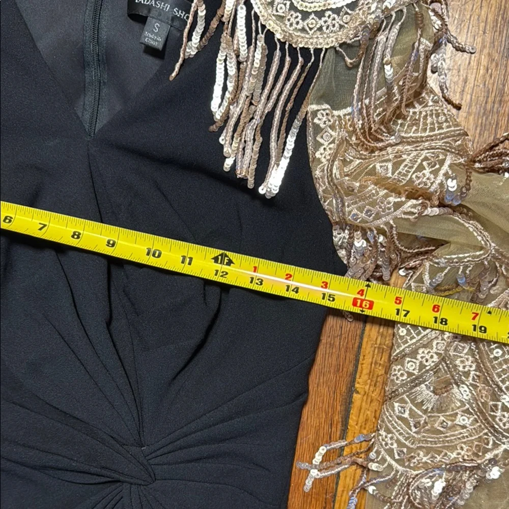 TADASHI SHOJI Women's Alvin Sequin Fringe Statement Sleeves Ruched Black Dress S